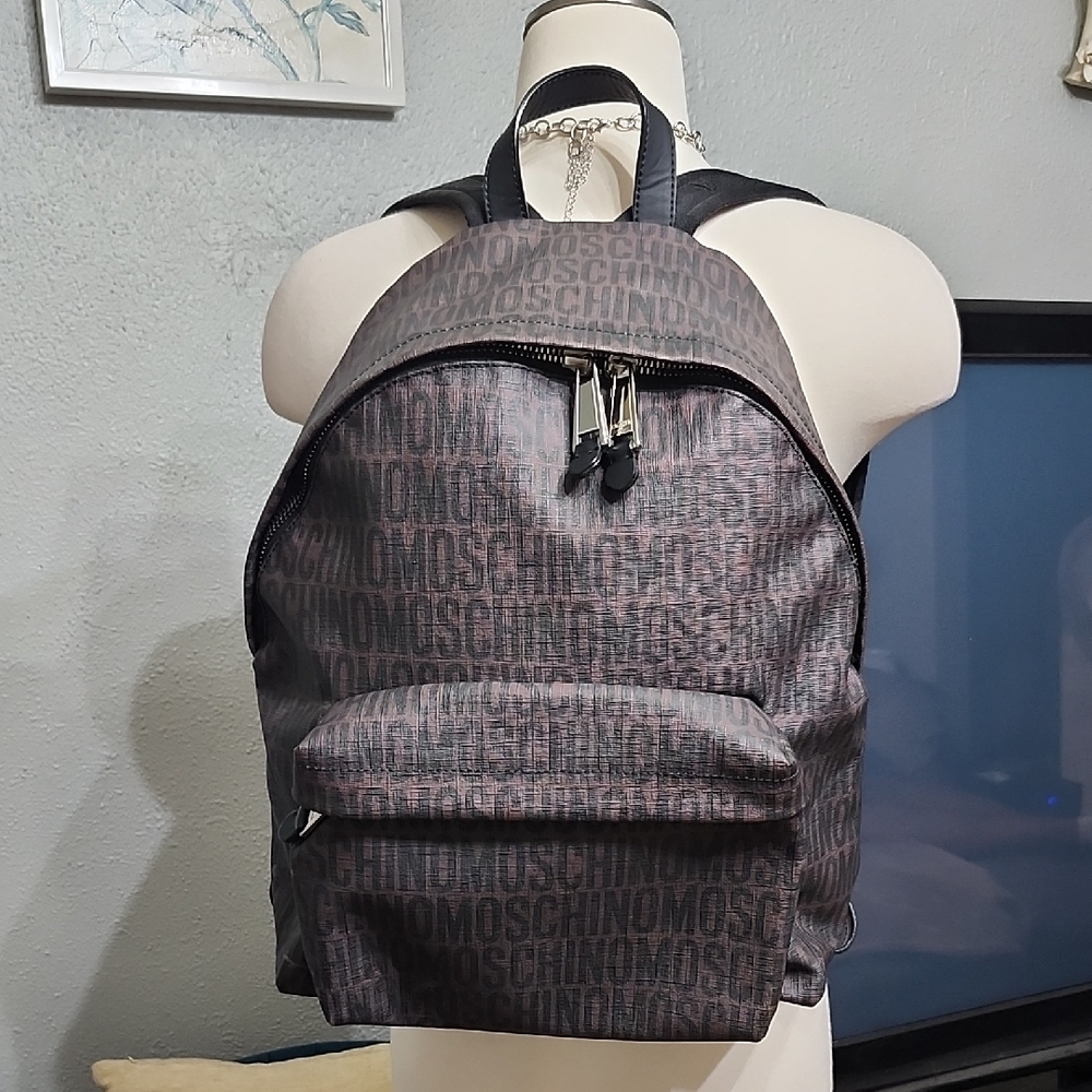 Moschino Monogram Black and Brown Backpack Coated Canvas & Leather Trim Unisex